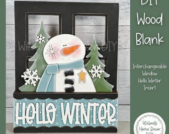 DIY Interchangeable Window Box Add-On Hello Winter - Snowman Craft Kit - Wood Blank - Mantle Decor - Seasonal Shelf Sitter Sign