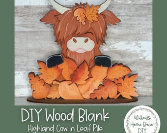 Highland Cow In Leaf Pile Shelf Sitter - DIY Kit - Fall Craft Kit - Fall Home Decor - Family Adult Kid Crafts - Fluffy Cow - Hairy Coo