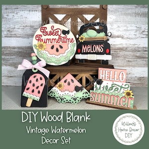 May include: A DIY wood blank vintage watermelon decor set. The set includes a round sign with "Sweet Summertime", a watermelon slice, a popsicle, a truck with melons, and a "Hello Sweet Summer" sign. The signs are painted in pink, green, and black.