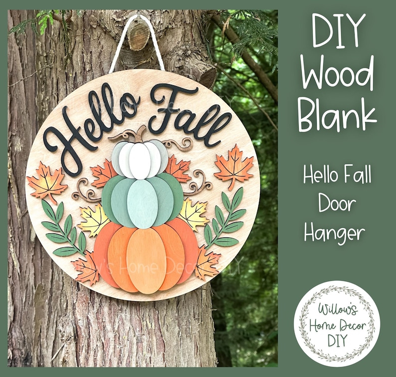 DIY Wood Blank Hello Fall Door Hanger | Unfinished Pumpkin Craft | Entryway Sign | Paint Party Supply image 2