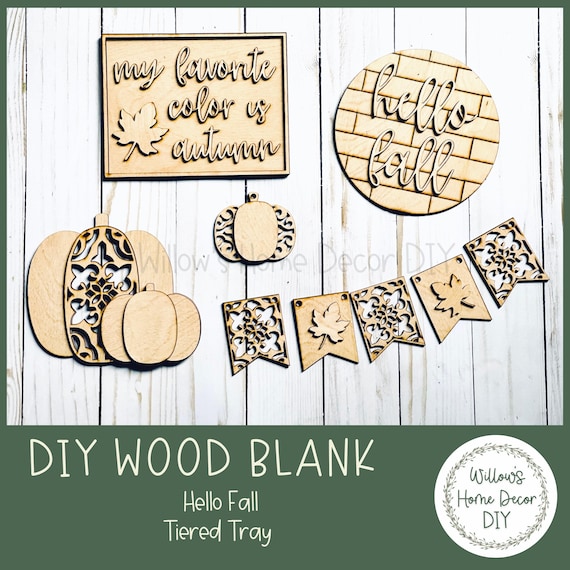 DIY Hello Fall Tiered Tray - Decorative Table Display - Fall Shelf Decor - Unfinished Wood Blanks -Seasonal Decorations - Pumpkins - Leaves