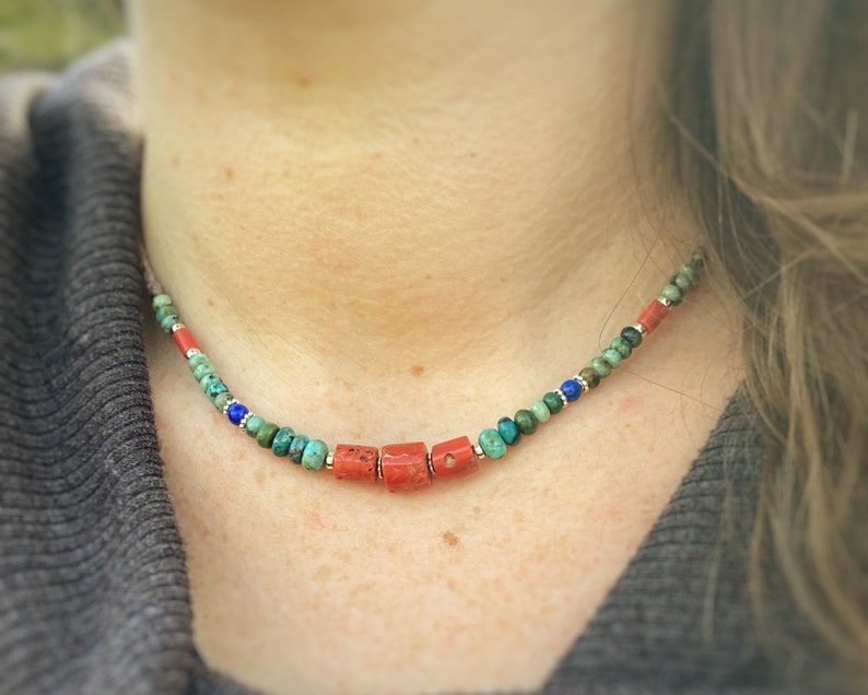 Navajo style Beaded Necklace Chunky Red Coral Choker Turquoise and Lapis Lazuli Necklace uk Western style Necklace Gift Idea for women uk