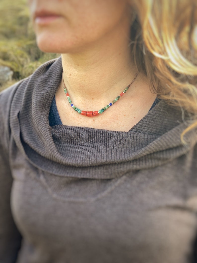 Navajo style Beaded Necklace Chunky Red Coral Choker Turquoise and Lapis Lazuli Necklace uk Western style Necklace Gift Idea for women uk