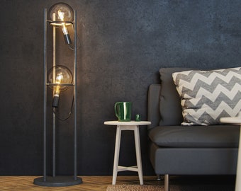 Industrial Twin Globe Floor Lamp Fitted With 2 x Old Fashioned e27 LED Bulbs. Ideal For Complimenting Vintage, Rustic, Retro Decor