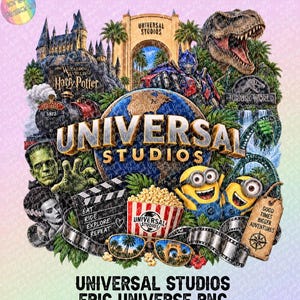 Puede incluir: Un gráfico digital que presenta el logotipo de Universal Studios centrado sobre un globo terráqueo, rodeado de iconos que incluyen Hogwarts, un tren de vapor, un T-Rex, Transformers, Frankenstein, una claqueta, palomitas, Minions y tiras de película.
