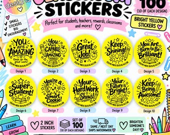 100 ct Personalized teacher classroom stickers. 2 inch yellow. Comes on a roll. Homework grading stickers incentives
