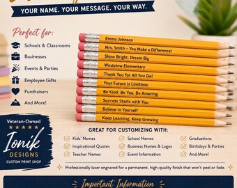 Bulk 100ct Personalized Custom Laser Engraved Pencils for classrooms school business promotional events fundraising gifts office party favor