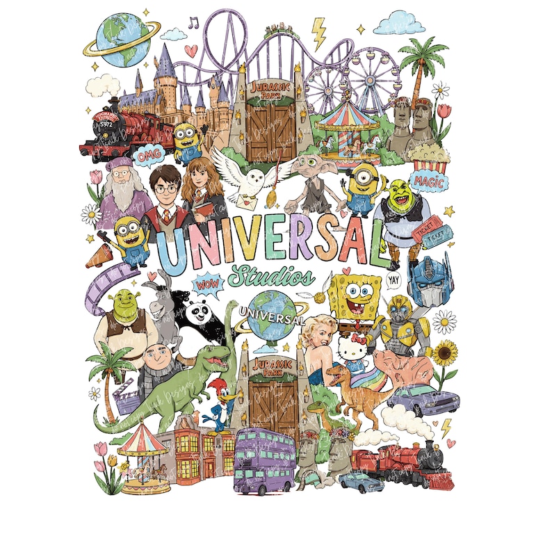 Puede incluir: Una colorida ilustraci&oacute;n gr&aacute;fica que presenta iconos de Universal Studios, incluyendo un castillo, una monta&ntilde;a rusa, una noria y varios personajes como Shrek, Bob Esponja, los Minions y Harry Potter. El texto UNIVERSAL STUDIOS est&aacute; centrado.