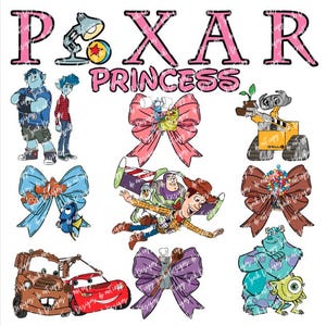 Pacchetto PNG di fiocchi da principessa Disney Pixar, design per sublimazione DTF di personaggi dei cartoni animati, Toy Story, Cars, Ratatouille, Cars, Onward, Nemo - Download digitale