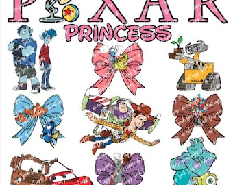 Paquete de imágenes PNG de lazos de princesas Disney Pixar, diseño de sublimación DTF de personajes de dibujos animados, Toy Story, Cars, Ratatouille, Cars Onward, Nemo - Descarga digital