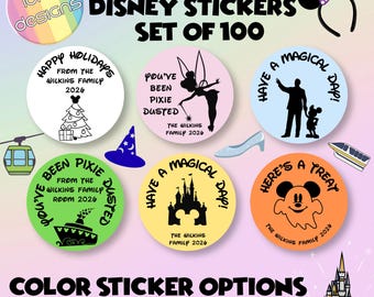 Naklejki Disney o szerokości 2 cali *Zestaw 100 sztuk*, Spersonalizowane wakacje Disney, Prezent w postaci worka przeciwkurzowego z motywem Pixie, Przedłużacz do ryb na Halloween i Boże Narodzenie