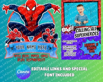Koszulka i zaproszenie urodzinowe Spider-Mana w formacie PNG edytowalny szablon Canva, niestandardowy tekst, spersonalizowany projekt toppera na tort Spider-Man Boy Superbohater