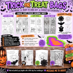 May include: Halloween trick or treat bags featuring sticker coloring sheets and mystery fidgets. The set includes four themes: Cute Friends, Horror Movie, Kids Movie, and Haunted Areas. Each clear polybag contains a 4x6 inch sticker sheet and one fidget.