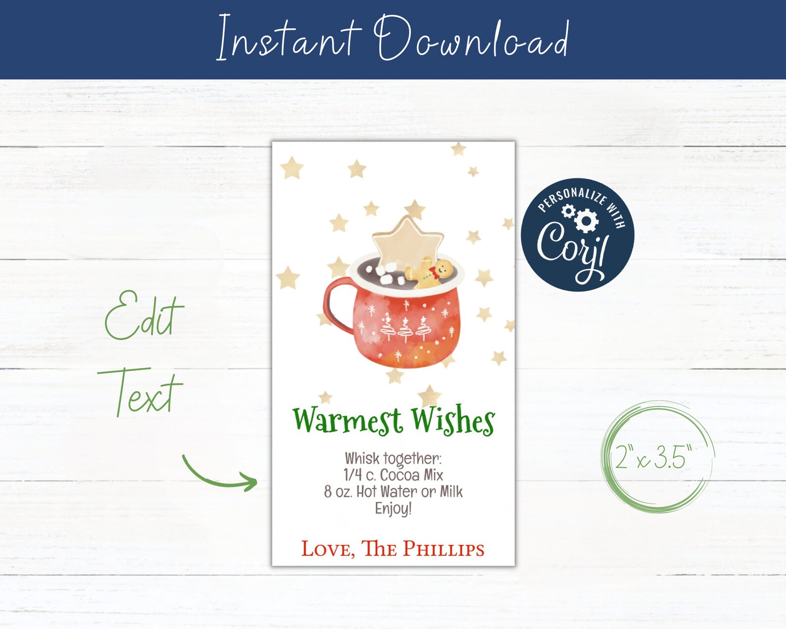 Printable Christmas Hot Cocoa Tag Warmest Wishes Watercolor Christmas ...