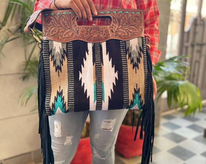 Western Pattern Hand Tooled Fringe Handbag Jacquard Leather Sling Bohemian Aztec Saddle Blanket Bags Stylish Bags For Women