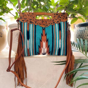 Hand punziert Fransen Handtasche Jacquard Türkis Farbe Sling Boho Aztec Stofftaschen Stilvolle Western Taschen Geschenkidee für Sie