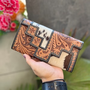 Embrague de cuero de piel con pelo en piel, billetera tallada con herramientas a mano, patrón occidental, tarjetas de cuero de vaca Vintage, billetera en efectivo, regalos