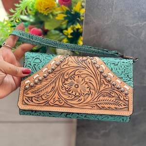 Tooled Leather Hand Tooled Carving Clutch Turquoise Color Stylish Western Wristlet Women Wallet Phone Purse