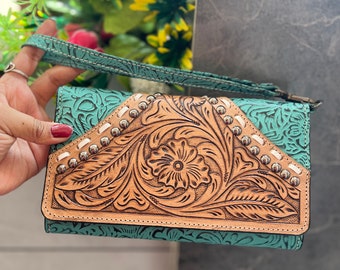 Tooled Leather Hand Tooled Carving Clutch Turquoise Color Stylish Western Wristlet Women Wallet Phone Purse