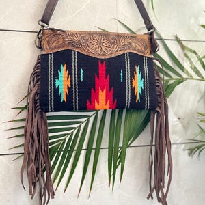 Azteken Sattel Decke Leder Handtasche Hand punziert Leder Fransen Sling Handtasche Western Style Designer Crossbody Handtasche