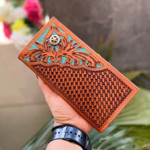 Carteira longa masculina de couro esculpida à mão com padrão ocidental moda estilosa porta-dinheiro presente para ele