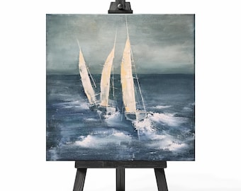 Seascape Oil Painting: Abstract Sailing Boat Art on Canvas
