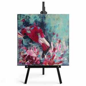 Original Pink Flamingo oil painting on canvas 15,8Hx15,8Wx0,6D in, Original Painting Tropical Birds Art Hand Made Wall Art