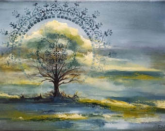 Original oil painting on canvas, Oak Tree painting, Original Tree of Life Oil Painting, Mandala Art Tree Painting 11,8Hx15,7Wx0,6D in