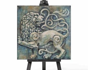 Dipinto di leone: arte acrilica del guardiano di pietra, 12x12