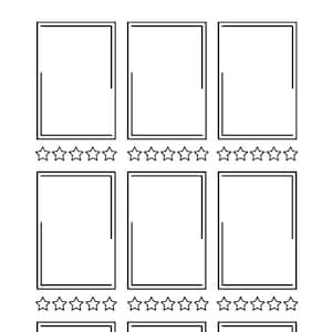 以下が含まれることがあります： 9つの空白のフレームと各フレームの下に5つの星が付いた、印刷可能なデジタルダウンロード。フレームは白黒で、二重の境界線があります。
