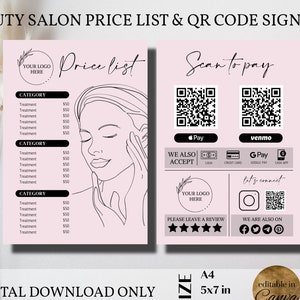 Editable Price List Template and QR Code Sign, Beauty Salon Scan To Pay Sign, Esthetician Price List, Facial Forms, Spa Salon, Canva