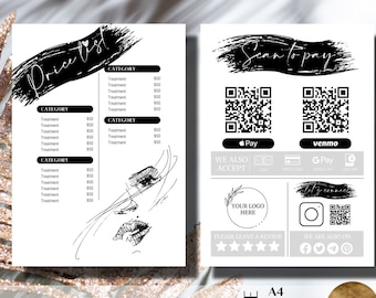 Liste de prix modifiable et QR Code Scan to Pay Sign, Beauty Salon Template, Black and White Makeup Artist Template, Estthetician Form, Canva