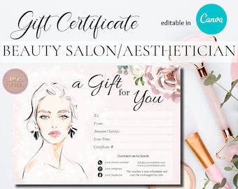 Editable Beauty Salon Gift Certificate Template, Elegant Nude Pink with Girl Sketch Beauty Salon Voucher, Aesthetician Gift Voucher, Instant