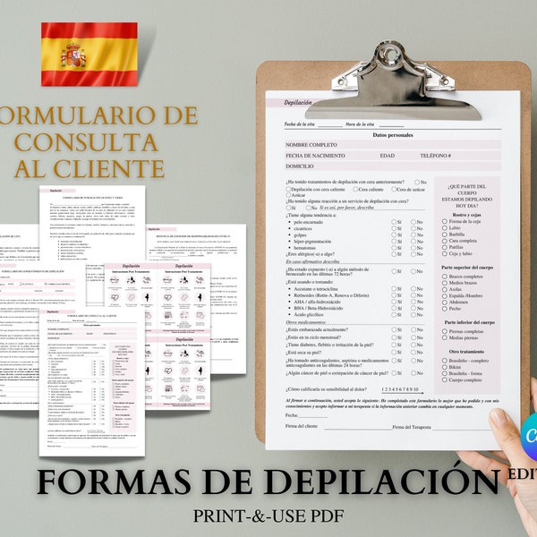Spanish/ESPAÑOL Forma de Depilación, Spanish Waxing Treatment Forms, Formas de Esteticista, Estetician Form, Instrucciones Post Tratamiento