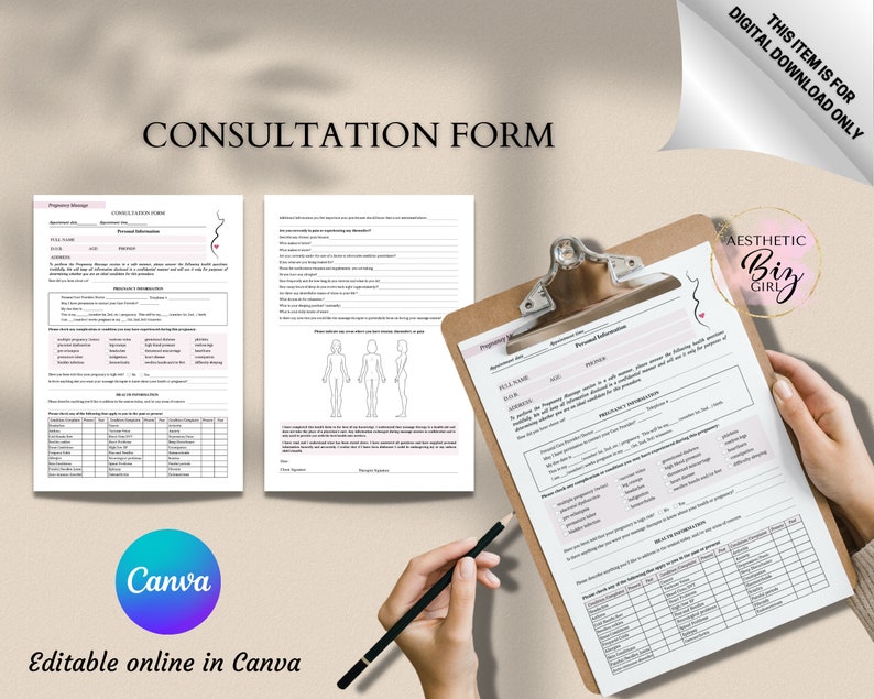 Pregnancy Massage Client Intake Forms, Editable Prenatal Consultation ...