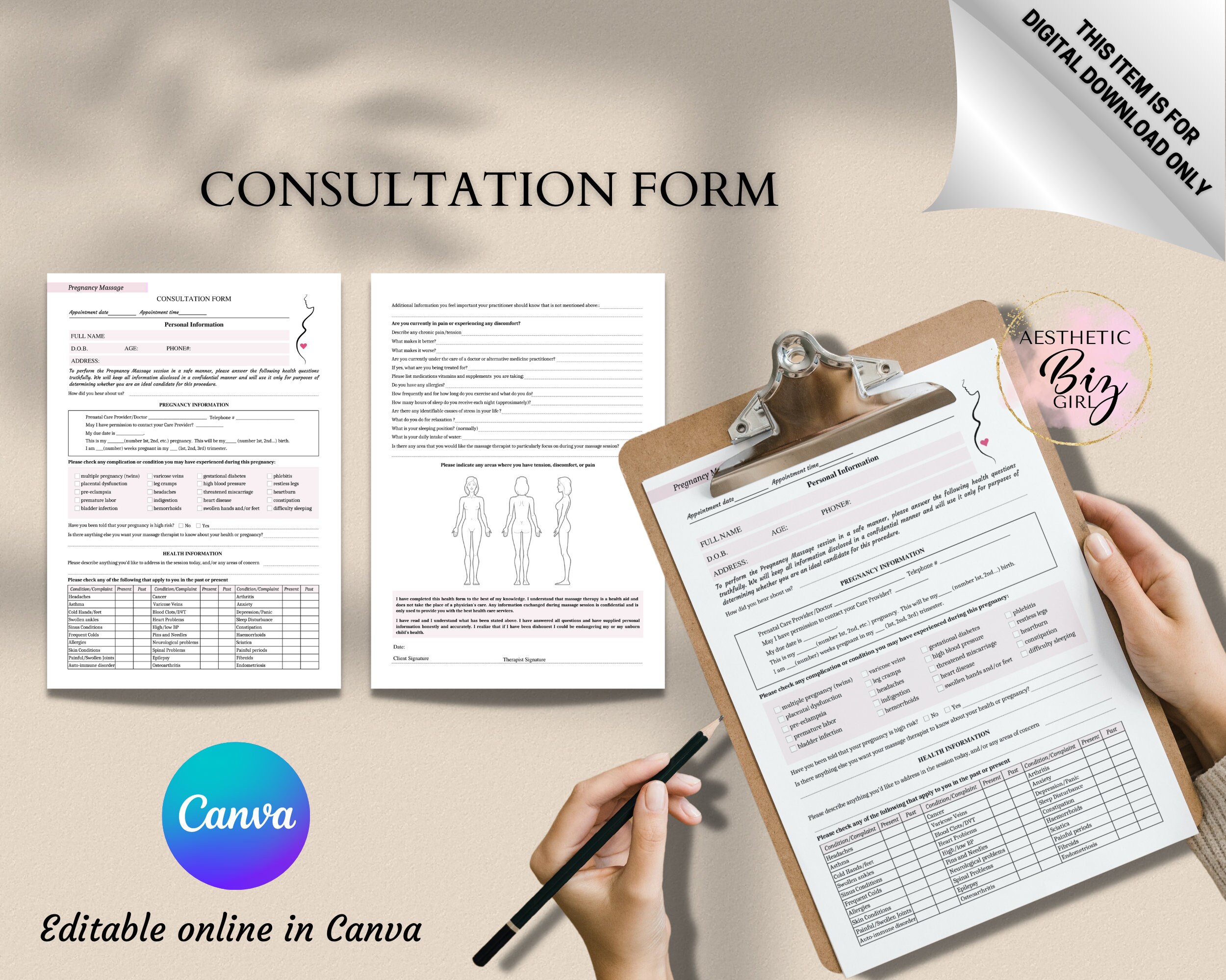 Pregnancy Massage Client Intake Forms, Editable Prenatal Consultation ...