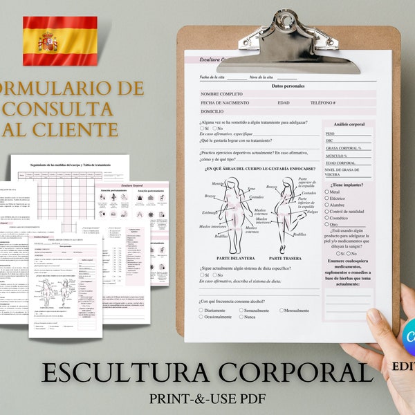 Spaans/ESPAÑOL Forma de Escultura Corporal Imprimible, Forma de Contorno Corporal, Body Sculpting Consent Form, Forma de Consentimiento