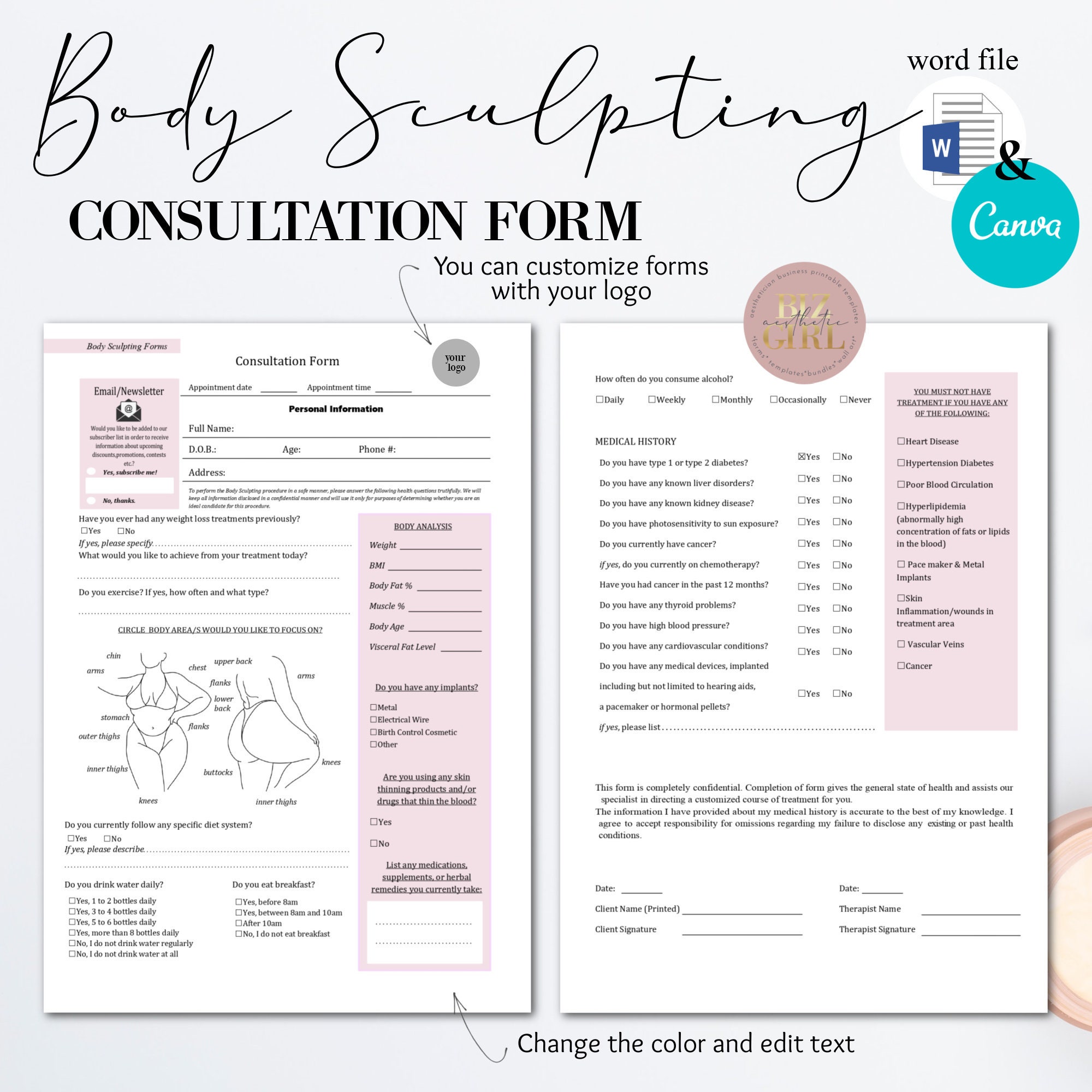 Editable Body Sculpting Templates Fat Cavitation Forms Body Etsy