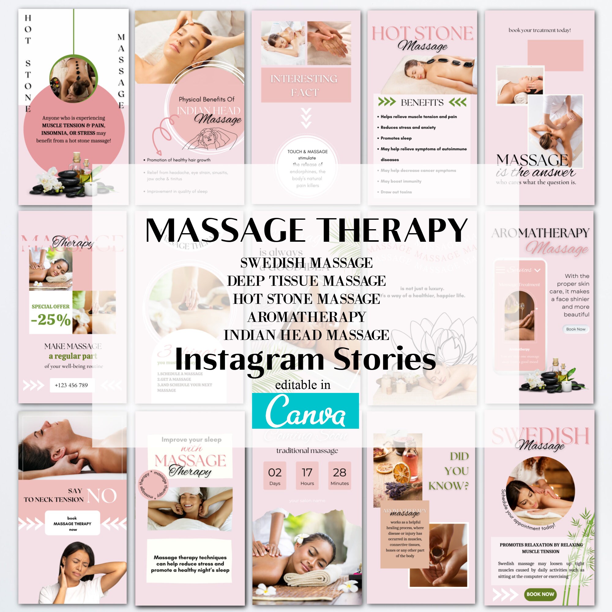 Massage Therapy Instagram Story, Canva Editable Story Template, Swedish/Deep Tissue/Hot Stone/Aromatherapy Massage, Spa Instagram Content