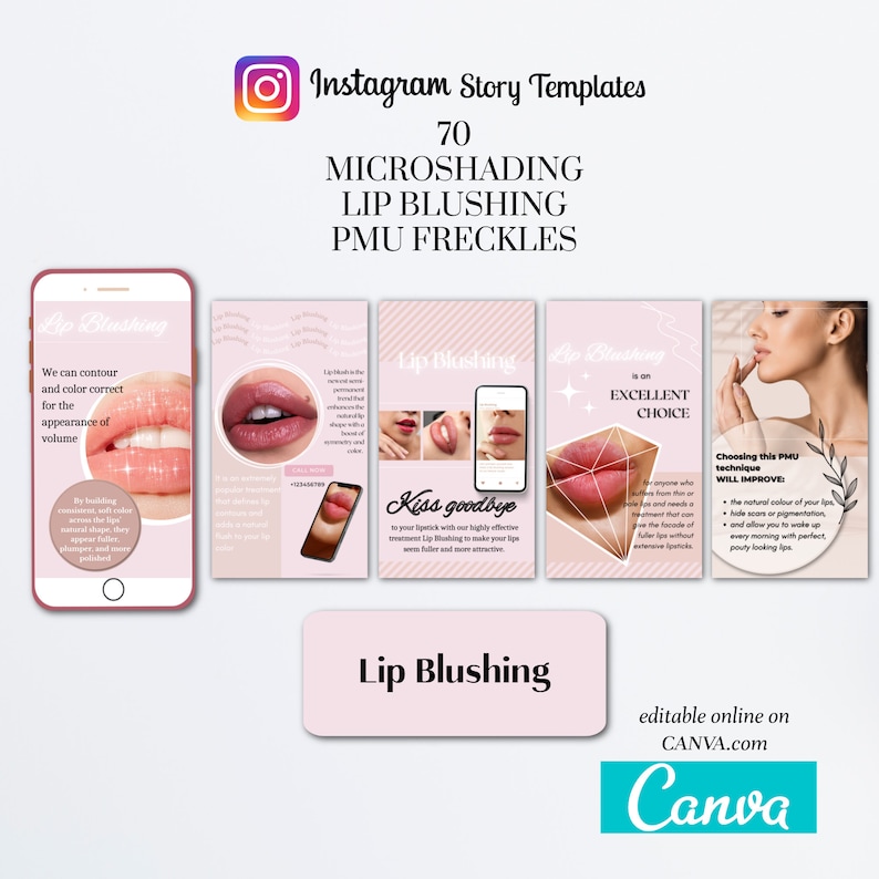 Permanent Makeup Instagram Story Templates, Editable Microshading IG Story, Lip Blushing, PMU Freckle, Esthetician, Canva, Beauty Business image 3