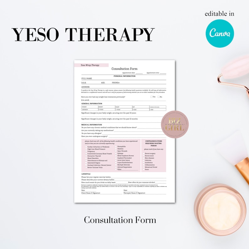 Editable Yeso Therapy Forms, Body Slimming Wrap Templates, Body Sculpting Consent, Body Contouring Client Intake, Beauty Salon, Med Spa image 3