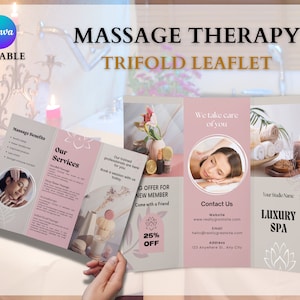 Ulotka o masażu, Broszura salonu spa w trzech częściach, Edytowalna broszura o masażu, Broszura salonu kosmetycznego, Szablon kosmetyczki, Canva