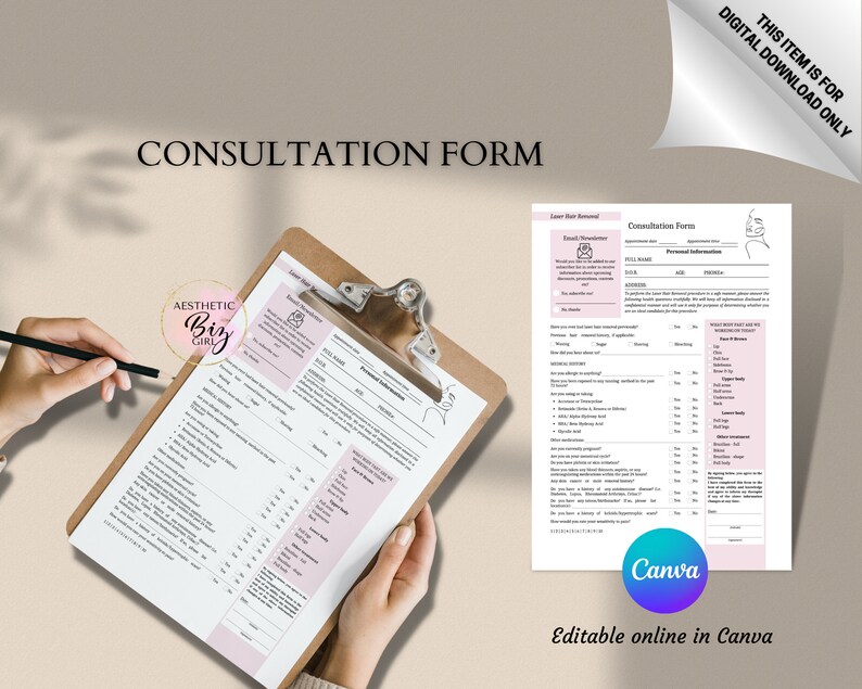 Laser Hair Removal Client Intake Forms, Editable in Canva Template, Esthetician Consultation Form, Beauty/ Spa Salon, Aftercare Cards image 2