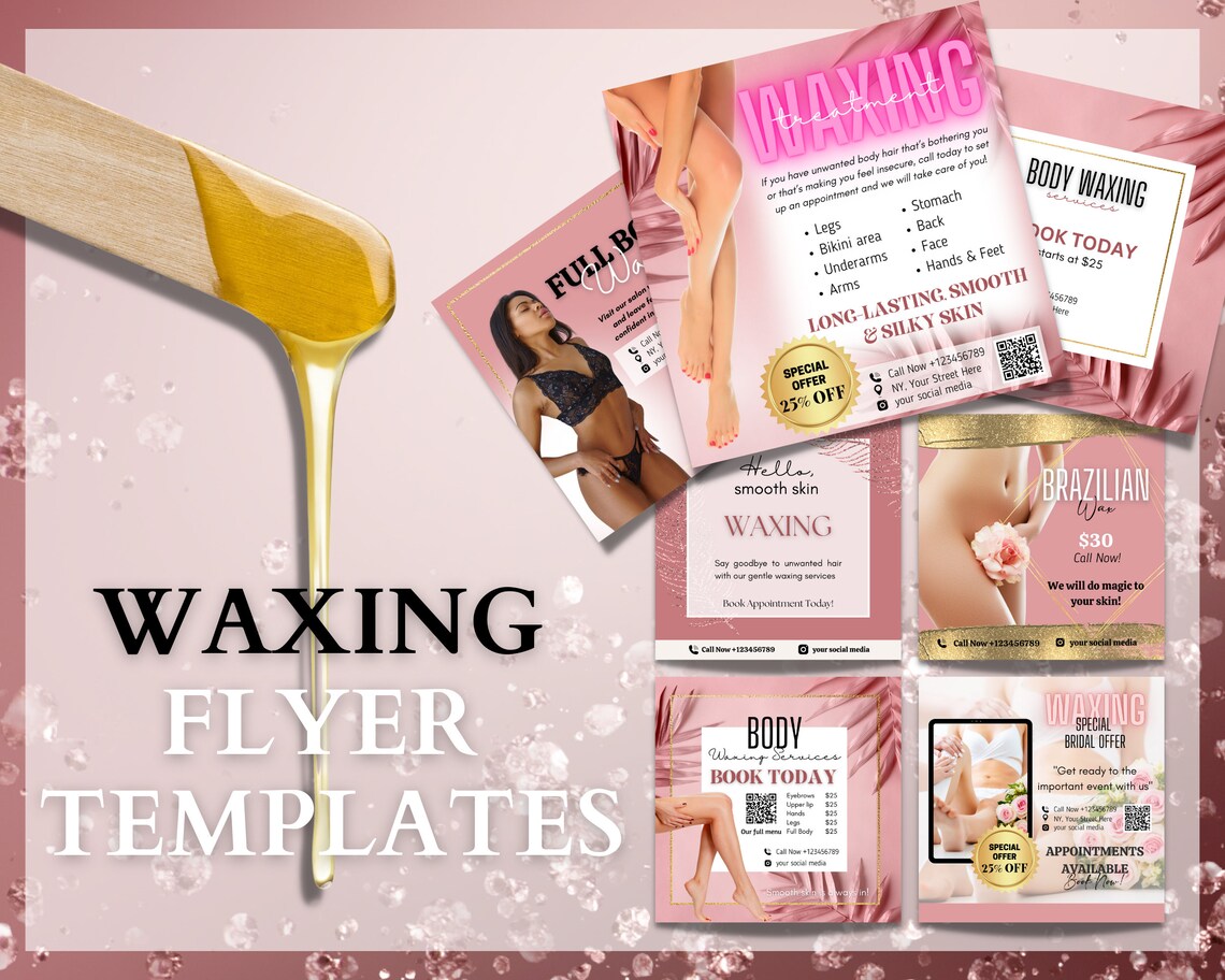 Editable Waxing Flyer Templates, Body Waxing Social Media Flyers, Brazilian Waxing Templates