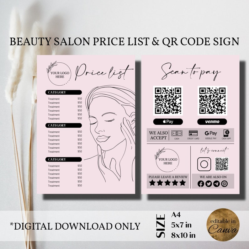 Editable Price List Template and QR Code Sign, Beauty Salon Scan to Pay