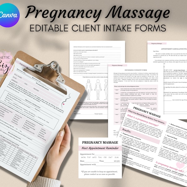 Pregnancy Massage Client Intake Forms, Editable Prenatal Consultation Form, Consent Forms, Spa Salon Template, Digital Download, Bodywork