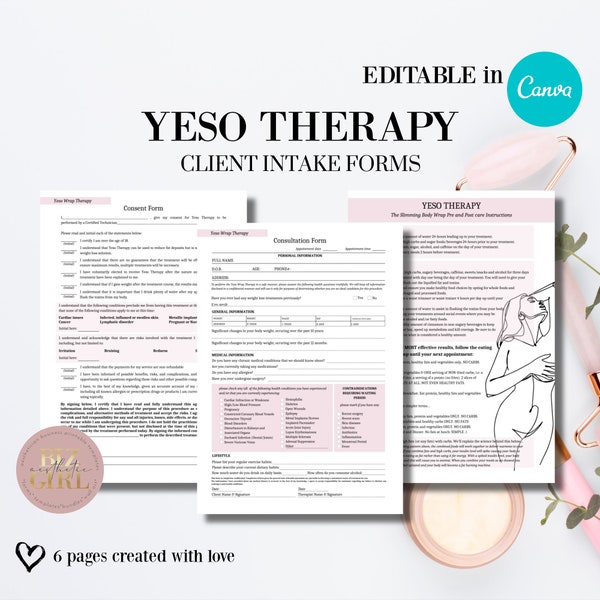 Editable Yeso Therapy Forms, Body Slimming Wrap Templates, Body Sculpting Consent, Body Contouring Client Intake, Beauty Salon, Med Spa