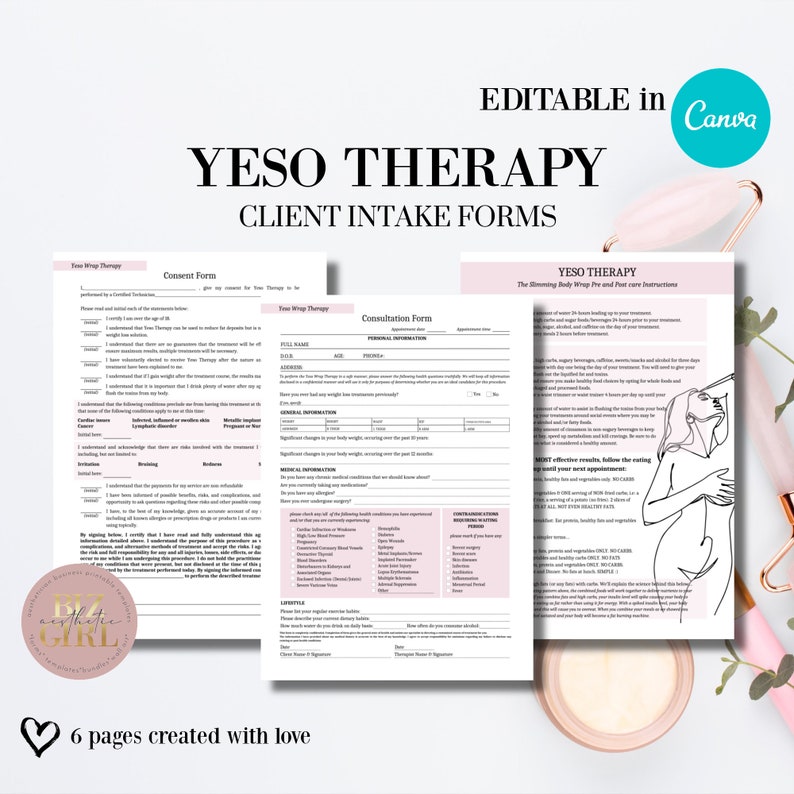 Editable Yeso Therapy Forms, Body Slimming Wrap Templates, Body Sculpting Consent, Body Contouring Client Intake, Beauty Salon, Med Spa image 1