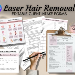 Formularze przyjęcia klienta na zabieg laserowego usuwania włosów, edytowalne w szablonie Canva, formularz konsultacji z kosmetologiem, salon kosmetyczny/spa, karty opieki pooperacyjnej