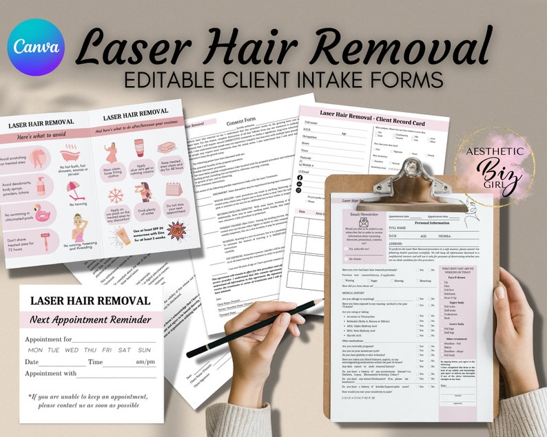 Laser Hair Removal Client Intake Forms, Editable in Canva Template, Esthetician Consultation Form, Beauty/ Spa Salon, Aftercare Cards image 1